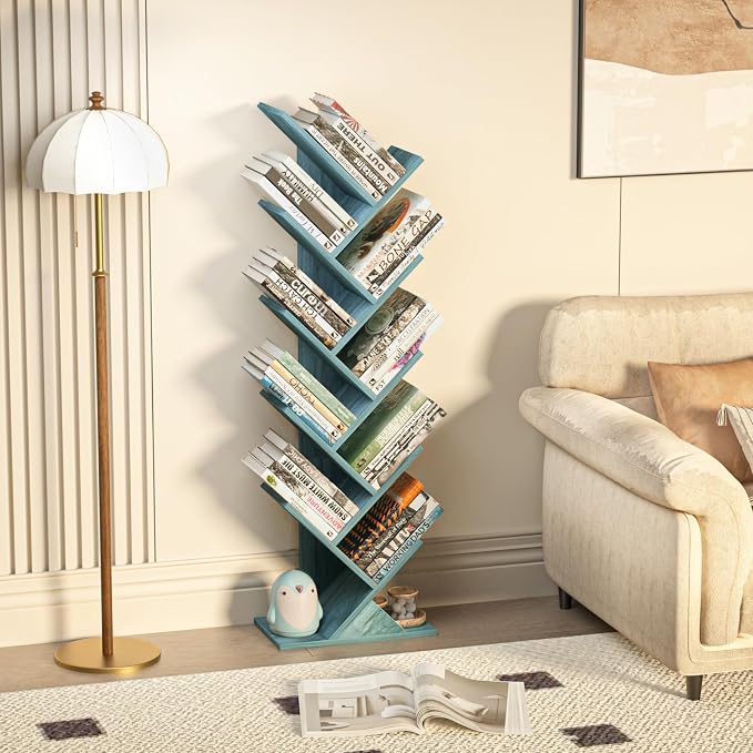 SHEEPAM 10 Tier Tree Book Shelf, Floor Standing Wood Bookshelf for Narrow Space, Storage Organizer Bookshelves for Books/CDs/Magazine, Bookcase with Shelves for Home Office, Living Room - Blue