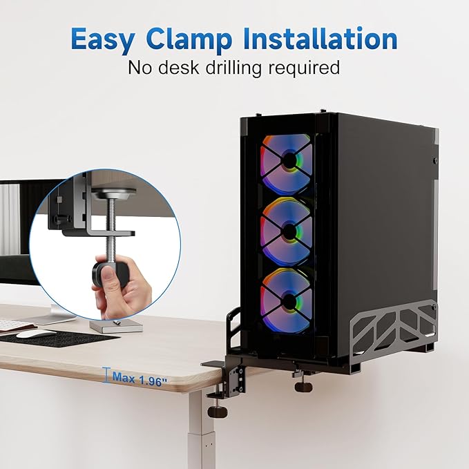 Pholiten Clamp-on Desk Extender PC Desk Mount Holder，Universal PC Wall Mount,7.28 to11.8 inch Wide Gaming Computer Case Stand，Capacity Weight 66lbs