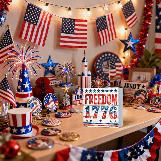 Patriotic Wooden Box Sign,Freedom 1776 4th Of July Signs Home Decor,Independence Memorial Day Block Sign for Desk Shelf Tabletop Decor