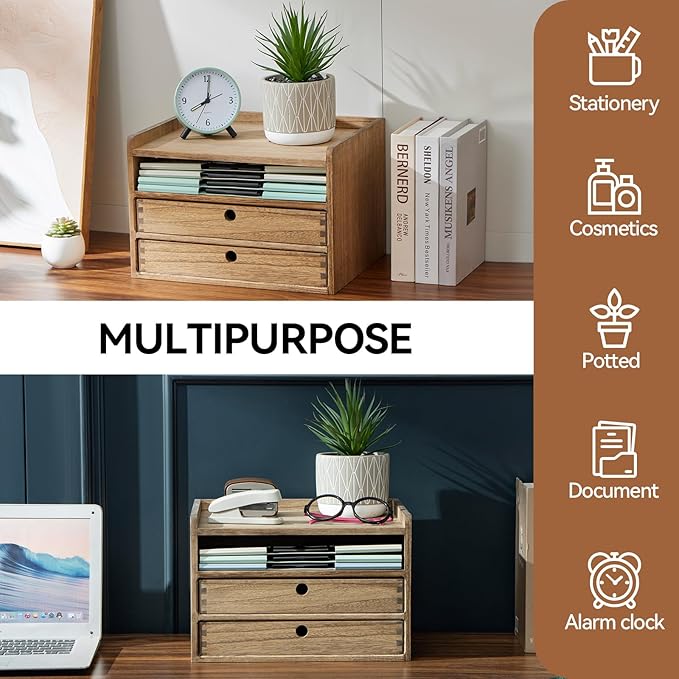 KIRIGEN Desktop Organizer Cabinet with 2 Drawers and Tray, Wood Office Desk Storage Shelf, 3-Tier Countertop Organizer for Papers, Supplies, Cosmetics, Kitchen Accessories Brown DT3D2C-DBR