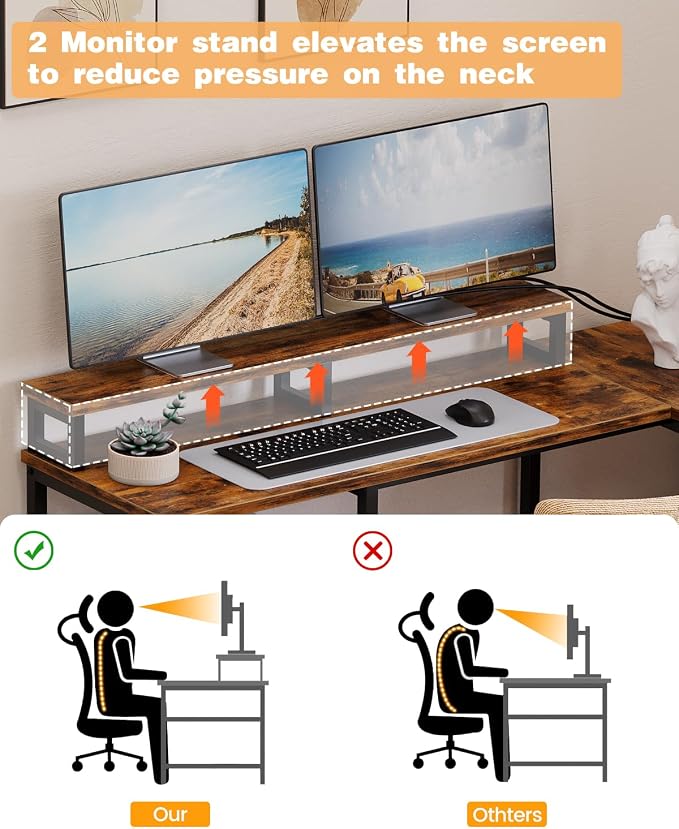 IDEALHOUSE Corner L-Shaped Computer Desk, Built-in Power Outlet & File Storage Drawer, with Monitor Shelf, Printer Storage, Mobile CPU Stand, for Home Office and Ergonomic Gaming Setup, Vintage Brown