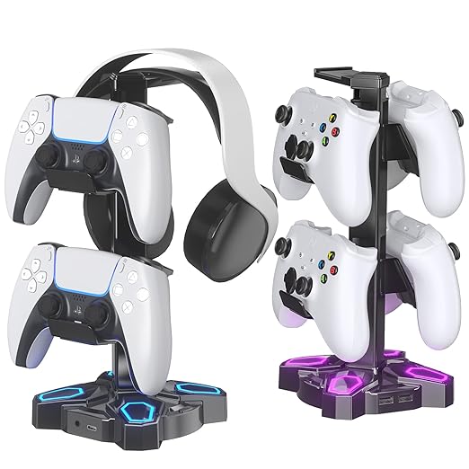 KDD Gaming Headphones Stand, Rotatable Headset Stand with Light Modes - Controller Holder with 2 USB Charging Ports and 3.5mm - Earphone Hanger Accessories for Desktop Gamer(Black)