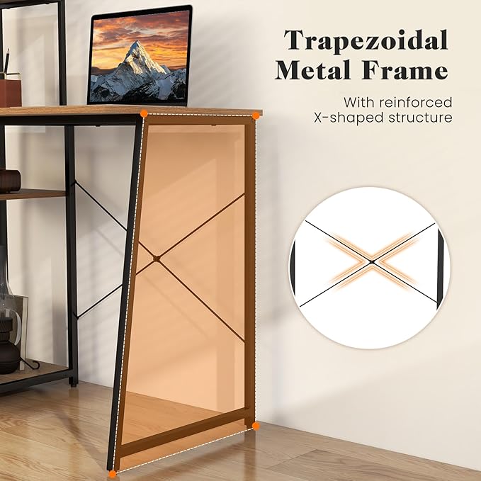Tangkula Computer Desk with Shelves, Space Saving Home Office Desk with 3-Tier Ladder Shaped Storage Bookshelf, Modern Writing Study Desk with Metal Frame, Compact Computer Workstation (Natural)