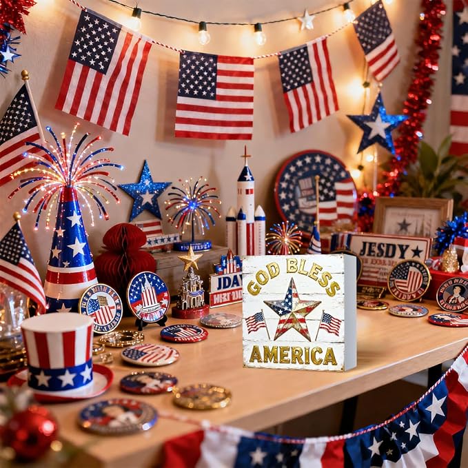 Patriotic Wooden Box Sign,God Bless America Star 4th Of July Signs Home Decor,Independence Memorial Day Block Sign for Desk Shelf Tabletop Decor