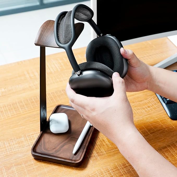 GEVO Headphone Stand, Walnut Wood Headset Stand with Storage Base, Gaming Equipment Accessories for Husband, Teens, Boyfriends, Brothers, and Gamers (Walnut-1)