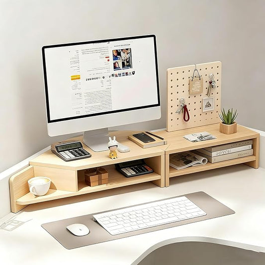 Corner Monitor Stand with Storage Space Triangle Riser Combo Desktop Corner Shelf with Cup Holder Pegboard Office Desk Accessories and Organizer for Office & Home,Natural,Double Layer