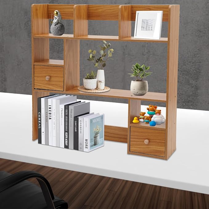 Desk Shelf, Wooden Office Desktop Display Organizer Rack with Handles, Adjustable 9 Compartment Storage Rack, Space Saving Desktop Bookshelf for Office Home Dorm (Pine Color)