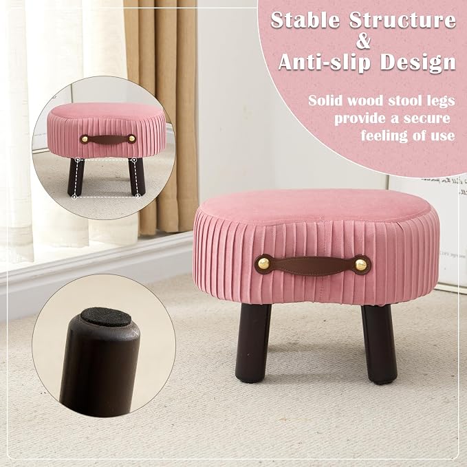 Foot Stools Small, Ottomon with Handle, Velvet Footrest Ottoman | Curved Foot Stool with Padded Seat Wooden Legs, Portable Foot Rest for Living Room, Bedroom, Entryway (Pink)