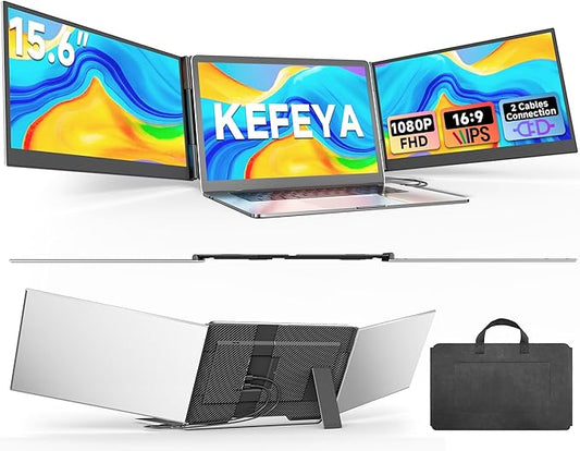 KEFEYA Laptop Screen Extender 15.6", FHD 1080P Portable Triple Monitor for Laptops 13-17.3", 0.16" Ultra-Thin Dual Laptop Monitor Extender for Windows/Mac/Dex/Chrome/Surface, Plug n Play