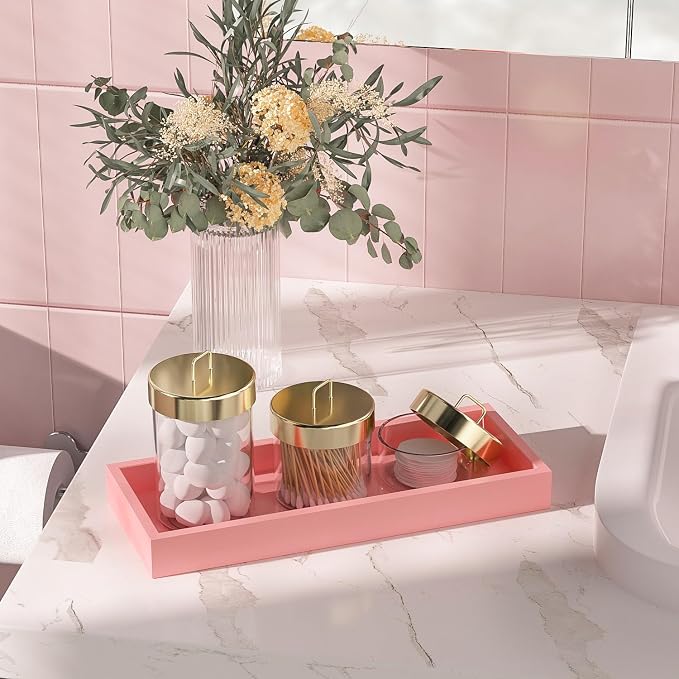 ZHWS Bathroom Vanity Tray for Perfume Decor Toilet Tank Candle Toiletries, Kitchen Tray for Soap Dispenser Spice Salt Coffee, Bamboo Nightstand Tray 11.3”x4.4” (Pink)