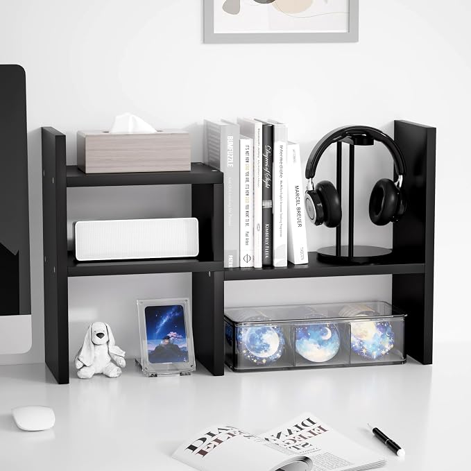 Jerry & Maggie Desktop Organizer Office Storage Rack Adjustable Wood Display Shelf 2 Shelves Free Style Rotation Display Natural Stand Black 2 Pack