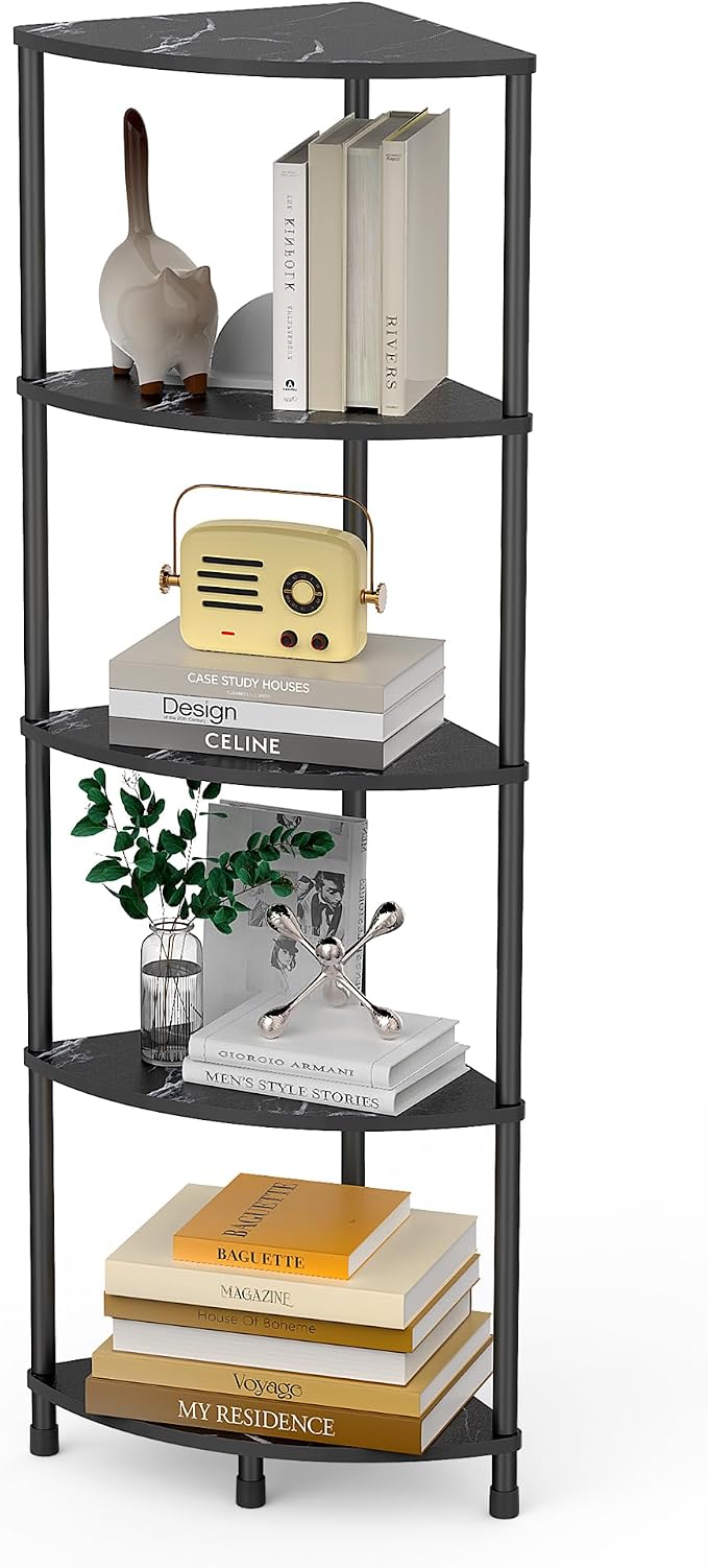 Book Shelf Corner Shelf, 5 Tier Corner Bookshelf Display for Living Room Decor, 44.1" Standing Bookcase Organizer, Marble Black Storage Shelves for Bedroom, Bathroom, Small Space