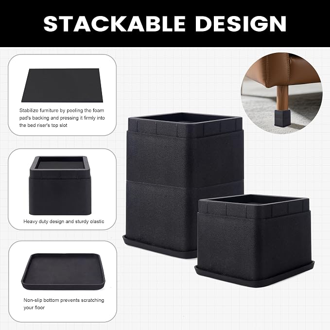 BTSD-home 3 Inch Bed Risers, Heavy Duty Furniture Risers for Under Bed Storage, Dorm, Sofa, Table, Chair and Desk, 4 Pack, Black