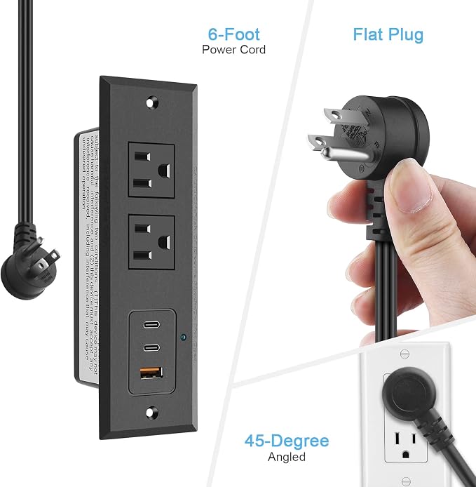 CCCEI Recessed Power Strip with Two USB-C Ports, Fast Charging USB A Port Desk Outlet, Black Furniture Hidden Charging Station for Side Table, End Table, with 6 FT 45 Degree Flat Plug Extension Cord.