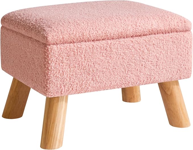 YMYNY Storage Ottoman,Small Foot Stool, 15.75"×11.81"×11.02" Pink,HBD042P | Teddy Velvet ,Sturdy Wood Legs, Foot Stool with Padded Seat, For Living Room Bedroom Couch Entryway