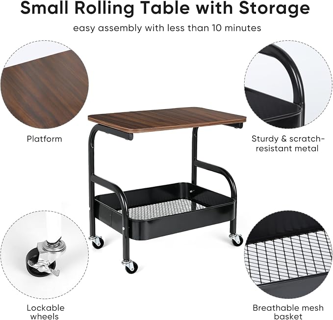 Rolling Printer Stand with Wheels 2 Tier Under Desk Printer Table with Storage, Mobile Small Short Rolling Cart for Home Office Pantry Organization, Black