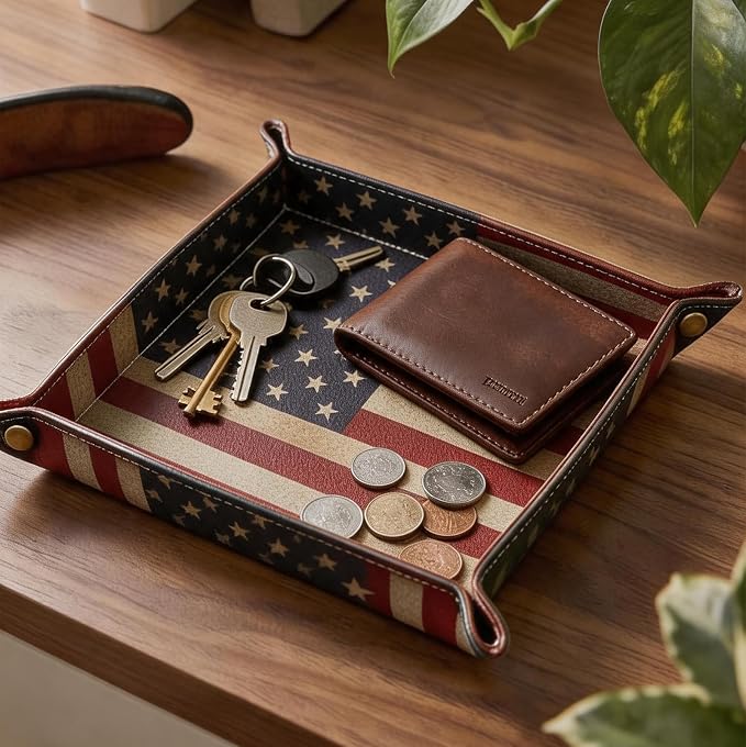 Valet Tray Desktop Storage Organizer, Vegan Leather Catchall Bedside Vanity Tray Nightstand Caddy Holder for Remote Controller, Watch, Keys, Phone, Wallet, Sunglasses, Jewelry - Flag
