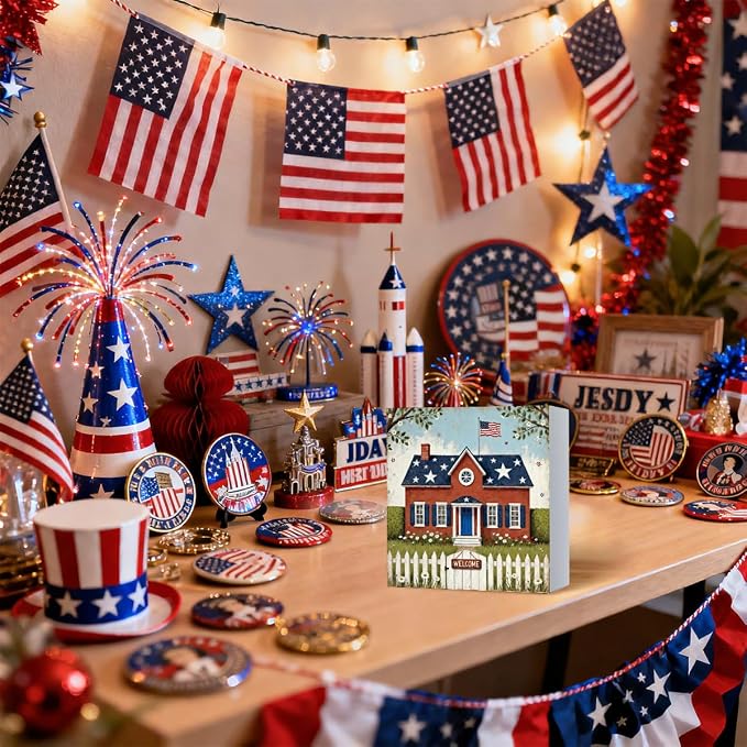 Patriotic Wooden Box Sign,Stars And Stripes House 4th Of July Signs Home Decor,Independence Memorial Day Block Sign for Desk Shelf Tabletop Decor