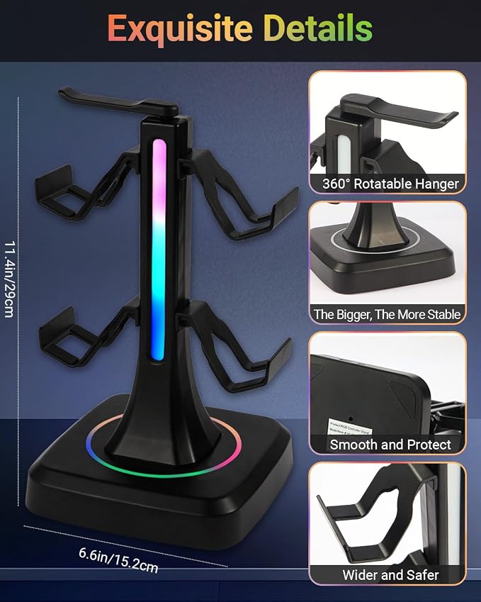 Controller Headset Stand with 10 Color Light Modes - RGB Headphone Holder for PS5, Xbox, Switch - Gaming Room Decor, Desk Organizer for Gamers