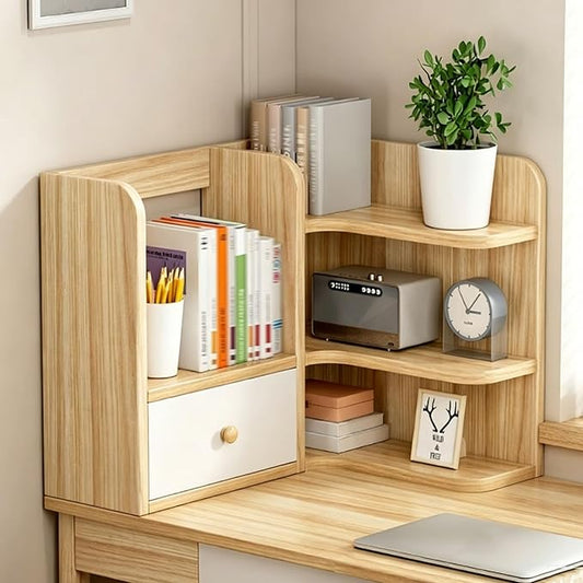 3-Tier Corner Desktop Organizer Shelf, Wooden Desktop Bookshelf with Drawers, Multifunctional Desk Hutch Dorm, Desk Display Rack, Cube Storage Organizer Bookcase(Wood B-l,23.6x19.6x19.6'')