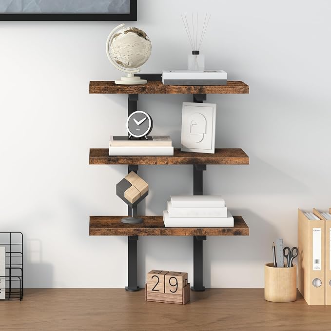 MAHANCRIS Clamp On Desk Organizer, 3-Tier Desktop Bookshelf, Adjustable Desk Storage Shelf, Metal Frame, for Office, Study and Game Room, Rustic Brown DSHR3601
