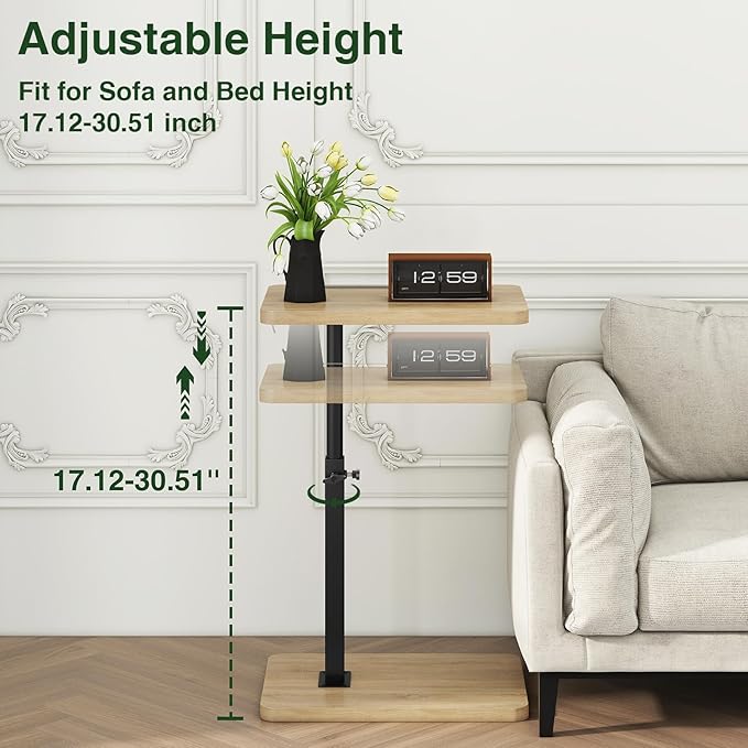 IBUYKE C Shaped Side Table, 360° Swivel Height Adjustable End Table for Small Spaces, with Phone & Tablet Slot, Modern Small Coffee Snack Table for Sofa/Bed, Natural UTVT003R
