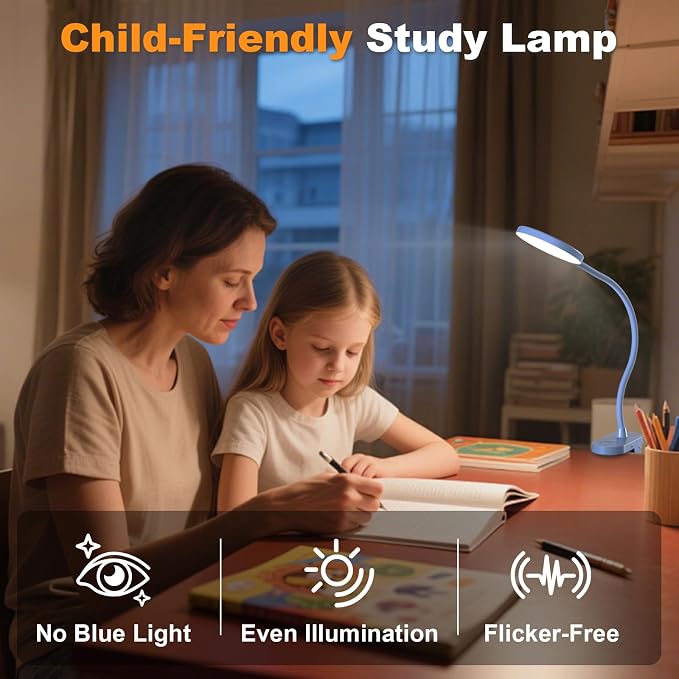 Rechargeable Desk Lamp with Clamp, 97 LED Eye-Care Table Light for Kids Bedroom with 3 Color & 10 Brightness, Cordless Clip on Lamp for Bed Book Reading Crafting Drawing Gaming Puzzle (Blue/4.7'')