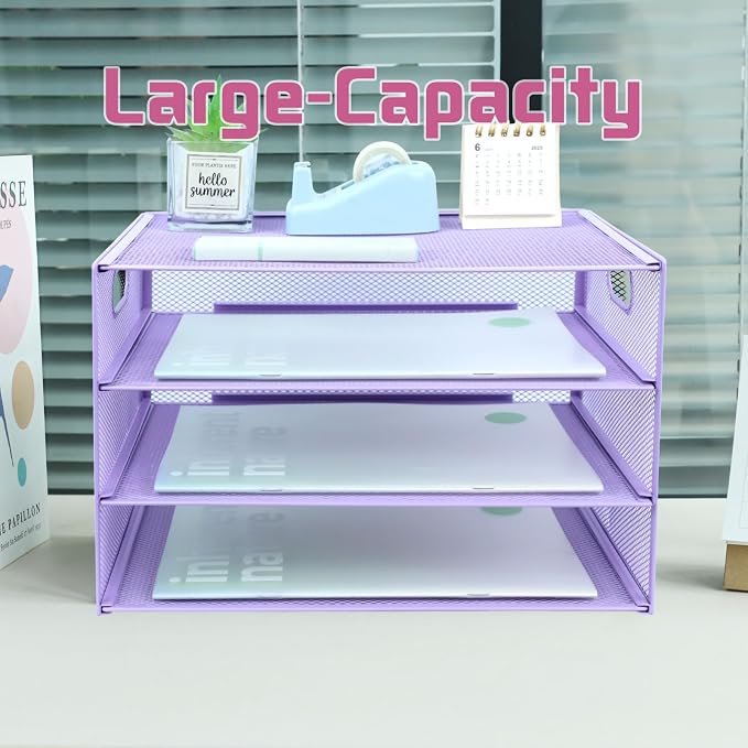 3 Tier Lettrer Tray Organizer, Metal Mesh Desk File Organizer with Sliding Trays, Paper Sorter Desk Organizer for Home Office School, Purple