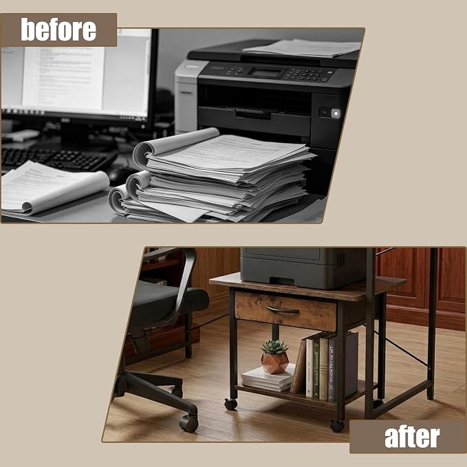 22" x 15" Under Desk Rolling Printer Stand, 2-Tier Industrial Mobile Printer Table with Strong Fabric Drawer,Storage Shelf, Steel Frame and Lockable Wheels, Printer Cart for Home Office (Rustic Brown)
