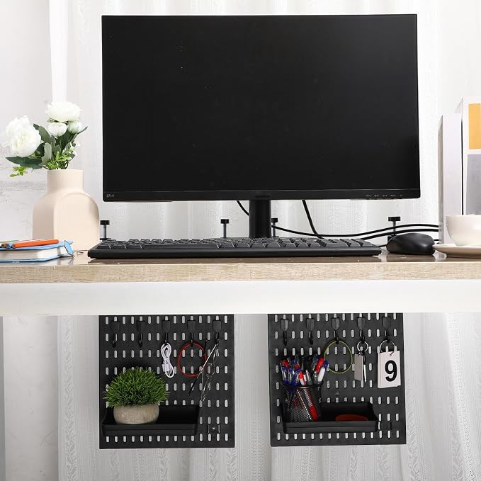 Marspark Clamp-on Desk Pegboard 2-pack (24" x 16" Combined Size) Privacy Divider & Desk Partition Panel Office Accessory Organizer No-drill Mounted Pegboard for Home, Office, Gaming, Black