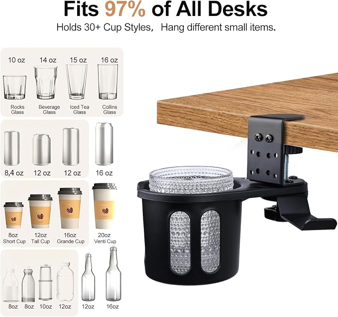 DecBeLiv 360° Rotating Cup Holder wiht Hook Under Desk Anti Spill Space Saving for Home Office Camping