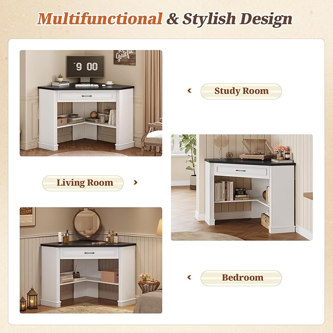 SEDETA 31.5" White Corner Desk, Small Corner Desk for Small Space, Farmhouse Triangle Computer Desk with Drawer and Storage for Home Office, Living Room, Bedroom, Vanity Desk