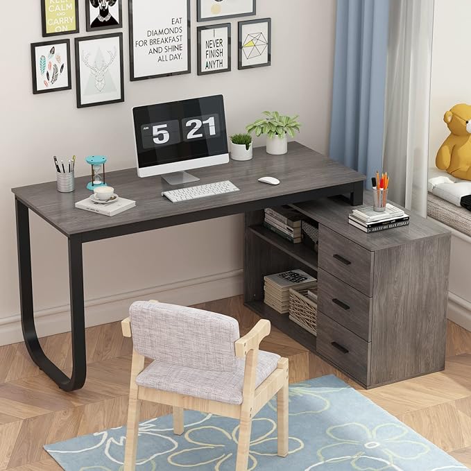 Homsee Home Office Computer Desk Corner Desk with 3 Drawers and 2 Shelves, 54 Inch Large L-Shaped Study Writing Table with Storage Cabinet - Dark Gray & Black