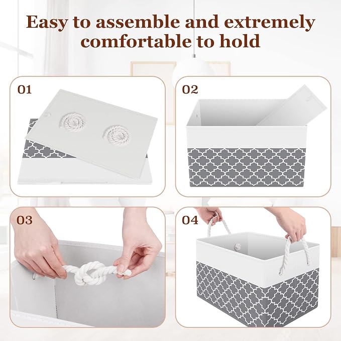 Fab totes Storage Bins 2-Pack, Foldable Storage Baskets for Organizing Toys, Books, Shelves, Closet, Large Storage Box with Rope Handles, Sturdy Organizer Bins,Clover Grey