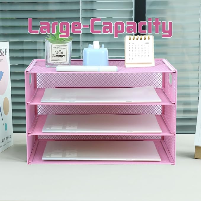 3 Tier Lettrer Tray Organizer, Metal Mesh Desk File Organizer with Sliding Trays, Paper Sorter Desk Organizer for Home Office School, Pink