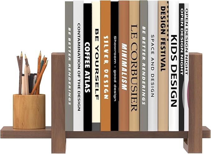 Adjustable Desktop Bookshelf Wooden Desk Book Holder Organizer Tabletop Bookshelf Mini Book Shelf Magazine Files Letters Storage Racks for Home Office Supplies, Great for Small Space (Walnut Brown)
