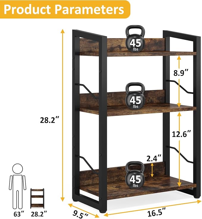 Hosfais Book Shelf Small Bookshelf: 3-Tier Wood Bookcase Industrial Bookshelf with Edge Protection Metal Narrow Bookcase Storage Organizer Display Rack for Bedroom Home Office (Rustic Brown)