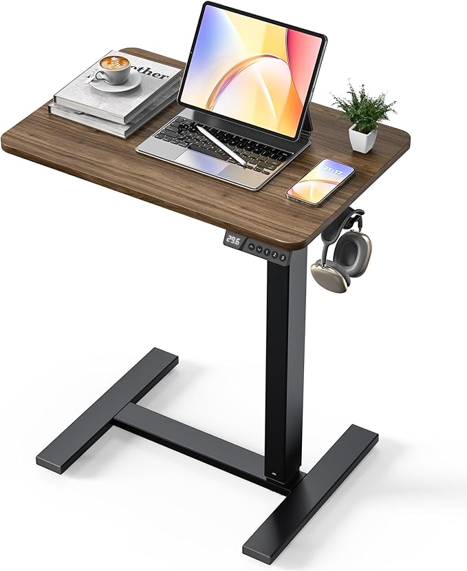 Overbed Bedside Table with Wheels, Electric Standing Desk Adjustable Height, Small Computer Desk for Home Office, Rolling Laptop Desk for Bed, Sofa, or Hospital Use (24"x16",Dark Walnut)