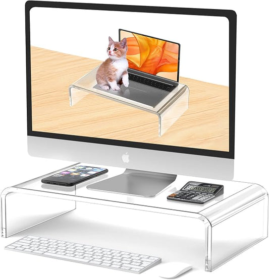 Acrylic Monitor Stand Riser L16''xW7.5''xH4'' Acrylic Laptop Stand Riser PC Holder Clear Computer Monitor Stand for Desk White Laptop Stand for Desk Compatible with iMac MacBook All Notebooks