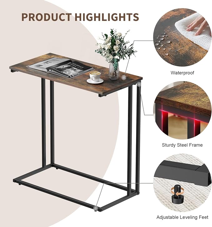 C-Shaped Side Table, Modern End Table with Metal Frame, Space Saving Design for Living Room，Large Surface Couch Table for Bedroom, and Home Office，24 x 12 x 24 inches (Brown)