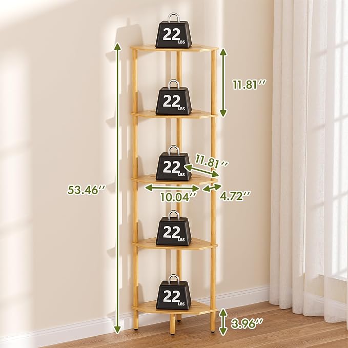 Corner Shelf, 5 Tier Bamboo Corner Bookshelf, 54" Tall Narrow Bookcase, Plant Stand, Corner Display Rack, Shower Caddy, Display Standing Shelf Organizer for Bedroom, Living Room, Kitchen, Home Office