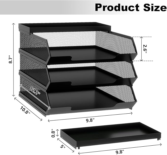 Natwind 3 Tier Stackable Paper Trays for A4 File,Desktop File Organizers for Office Supplies,Metal Mesh Desk Organizer,Mail Sorter Paper Tray with Top Tray,Letter Trays for Home,Office,School,Black