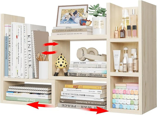 NUTIKAS Desk Shelves Desktop Organizer Shlef - Natural Wood Tone Office Organization for Top of Desk Organizers and Accessories Corner Bookshelf Table Top Shelving Small Hutch Decorations for Office