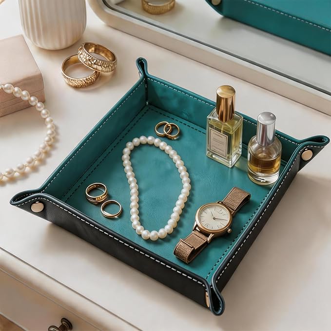 Valet Tray Desktop Storage Organizer – Vegan Leather Catchall Tray Bedside Vanity Tray Nightstand Caddy Holder for Remote Controller, Watch, Keys, Phone, Wallet, Coin, Jewelry, Turquoise
