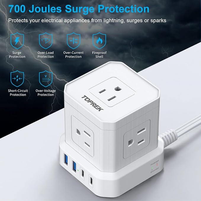 TOPREK Power Strip 25 FT Extra Long Extension Cord | Flat Plug Surge Protector (700J) with 5 Outlets, 2 USB-C, 2 USB-A for Apartment, Home Office, Recreational Vehicle