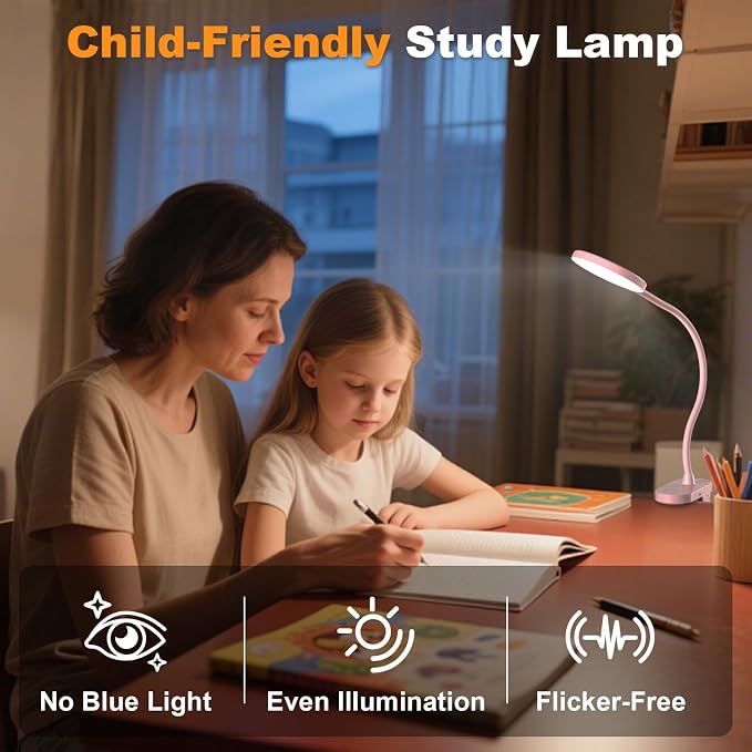 Rechargeable LED Desk Lamp with Clamp, Portable Clip on Light with 3 Color & 10 Brightness, Cordless Desk Light for Makeup Home Office Book Reading Crafting Sewing Drawing Knitting Puzzle (Pink/4.7'')