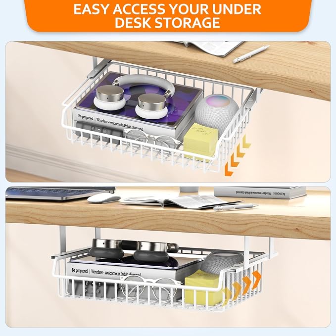 ENONCI Under Desk Drawer, Slide Out Design,No Drill Metal Under Desk Cable Management, Under Table Storage Shelf Tray Basket Under Table Drawer Organizer for Office, Home, Workspace, Cabinet