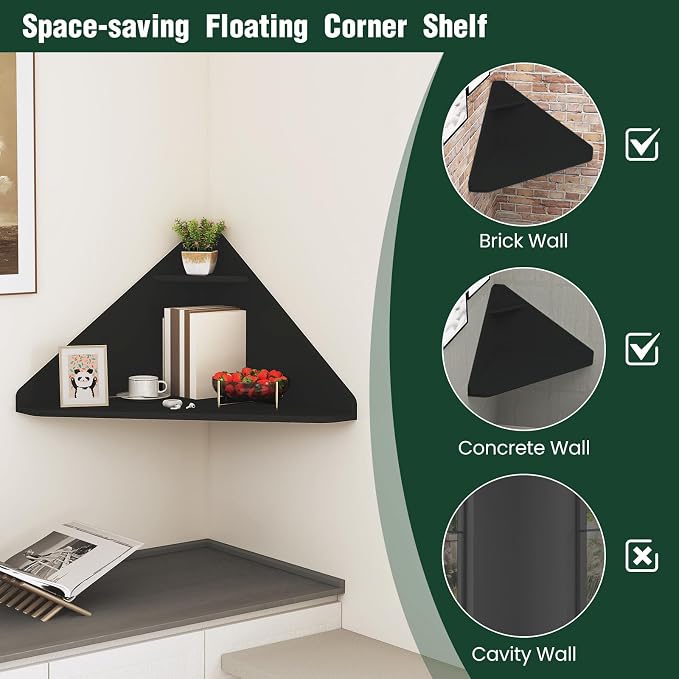 GOFLAME Floating Corner Desk, Wall Mounted Triangular Computer Desk w/Storage Shelf, Space-Saving Design, 90° Wooden Floating Home Office Desk for Writing, Working, Studying (Black)