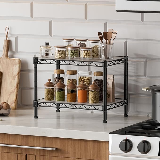 SINGAYE 2 Small Shelves Kitchen Storage Shelf Wire Shelving Unit Metal Shelf Adjustable Organizers Storage Shelving for Office Pantry Black 11.6" D X 17.6" W X 12" H