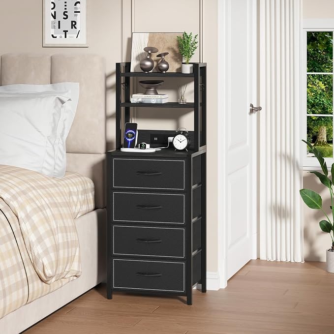 Tall Nightstand with LED Light, LED Night Stand with Charging Station and USB Type C Port, Bedside Table with 4 Fabric Drawers for Bedroom, Dorm, Office (Black)